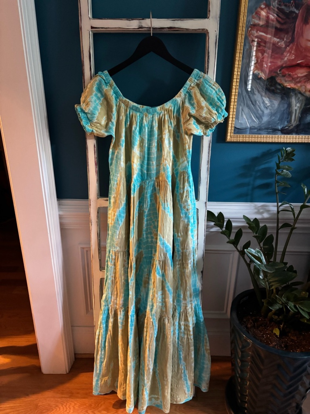Young Fabulous & Broke Aqua and Yellow Watercolor Tiered Maxi Dress